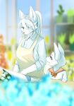 2022 absurd_res anthro apron bouquet bow_ribbon canid canine clothed clothing digital_drawing_(artwork) digital_media_(artwork) duo female flower fox fur garden hair happy hi_res light looking_at_another male mammal mother_(lore) mother_and_child_(lore) mother_and_son_(lore) parent_(lore) parent_and_child_(lore) parent_and_son_(lore) plant ponytail son_(lore) sunlight treyer white_body white_fur yellow_eyes