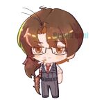  1boy arthropod_limbs black_pants black_vest brown_eyes brown_hair bug cockroach collared_shirt facial_hair full_body funnibunni glasses gregor_(project_moon) highres limbus_company long_hair long_sleeves looking_at_viewer low_ponytail male_focus necktie pants ponytail project_moon red_necktie shirt simple_background smoking solo standing vest white_background white_shirt 