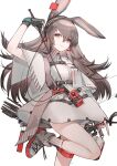  1girl absurdres animal_ears ankle_socks april_(arknights) arknights arm_up arrow_(projectile) belt black_gloves bow_(weapon) breasts cable calflet capelet collared_dress commentary compound_bow cowboy_shot dot_nose dress fingerless_gloves gloves grey_eyes grey_hair hair_between_eyes highres holding holding_arrow holding_bow_(weapon) holding_weapon id_card infection_monitor_(arknights) leg_up long_hair looking_at_viewer maki-no medium_breasts multiple_belts quiver rabbit_ears rabbit_girl shoes short_dress sidelocks simple_background smile sneakers socks solo standing standing_on_one_leg tag thighs weapon white_background white_capelet white_dress white_shoes white_socks 