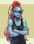  aureolin24 clothed clothing eye_patch eyewear female fish grin hair marine red_hair scar shirt smile solo tank_top undertale undyne video_games yellow_eyes 