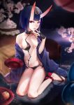  alcohol bare_shoulders black_footwear blurry blurry_background breasts bridal_gauntlets collarbone commentary_request cup depth_of_field fate/grand_order fate_(series) flower food fruit grapes horns japanese_clothes kimono long_sleeves looking_at_viewer medium_breasts off_shoulder oni oni_horns open_clothes open_kimono pink_flower purple_eyes purple_hair purple_kimono revealing_clothes sakazuki sake short_hair shuten_douji_(fate/grand_order) solo tongue wide_sleeves xiaoyu 