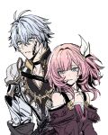  1boy 1girl ahoge black_choker blood blood_on_face blue_eyes choker coat collarbone crying cyrene_(honkai:_star_rail) dress gold_tattoo hair_ornament hashtag-only_commentary highres honkai:_star_rail honkai_(series) ilsijeongj2213 medium_hair neck_tattoo parted_lips phainon_(honkai:_star_rail) pink_hair purple_coat short_hair streaming_tears tattoo tears upper_body white_coat white_dress white_hair 