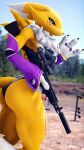 3d_(artwork) 9:16 anthro armwear assault_rifle bandai_namco black_clothing black_leotard black_sclera blue_eyes blue_sky blurred_background breasts bridal_gauntlets butt clothing day detached_sleeves digimon digimon_(species) digital_media_(artwork) female gesture gun hi_res holding_gun holding_object holding_ranged_weapon holding_sniper_rifle holding_weapon leotard medium_breasts outside pupils purple_sleeves ranged_weapon renamon rifle scope sky slit_pupils smile sniper_rifle solo tail thenicedragon thick_thighs warfare_renamon watermark waving weapon yin_yang