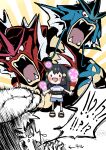  1boy 1girl :d akari_(pokemon) alternate_color arrow_(symbol) black_eyes black_hair black_sandals black_sash blue_shorts blush character_name chibi commentary_request flower_symbol gyarados hair_ornament hairclip highres long_hair open_mouth partially_colored pokemon pokemon_(creature) pokemon_legends:_arceus rei_(pokemon) sandals sasami_642 sash shiny_pokemon shirt short_sleeves shorts smile standing t-shirt 
