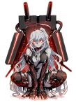  1girl abyssal_ship aircraft_carrier_princess armor armored_boots black_nails boots breasts breasts_squeezed_together claws closed_mouth colored_extremities colored_skin commentary_request copyright_name grey_hair grey_skin hair_between_eyes kantai_collection large_breasts long_hair looking_at_viewer multicolored_skin one_side_up oso_(toolate) red_eyes sailor_collar school_uniform serafuku ship_turret simple_background skirt sleeveless solo squatting thigh_boots torn_clothes torn_footwear very_long_hair white_background 