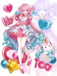  1girl alternate_costume aqua_eyes aqua_hair balloon commentary_request dress heart_balloon highres holding holding_microphone honkai:_star_rail honkai_(series) hyacine_(honkai:_star_rail) korean_commentary letter_balloon little_ica_(honkai:_star_rail) long_hair looking_at_viewer microphone pantyhose pegasus pink_dress pink_hair pink_shoes sasa234 shoes smile star_balloon very_long_hair white_background white_pantyhose zoom_layer 
