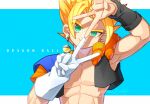 2boys absurdres blonde_hair blue_background border copyright_name dragon_ball dragon_ball_z earrings gamubanku gloves gogeta green_eyes highres jewelry looking_at_viewer male_focus metamoran_vest multiple_boys muscular muscular_male potara_earrings short_hair single_earring single_glove smile sphere_earrings spiked_hair super_saiyan twitter_username upper_body v vegetto white_border white_gloves 