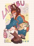  1girl animal_ears artist_logo artist_name bag black_eyes blush boots border bow charm_(object) cheumi commentary copyright_name english_commentary english_text full_body hair_ornament handbag hat highres holding jacket labubu logo long_hair long_sleeves looking_at_viewer orange_hair original plaid_clothes plaid_skirt pop_mart shoulder_bag skirt socks solo sparkle squatting star_(symbol) stuffed_animal stuffed_toy v 