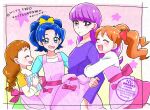  4girls :&lt; ^_^ apron aqua_cardigan arisugawa_himari arm_hug back_bow big_hair blue_eyes blue_hair blunt_bangs book border bow bow_apron braid brown_hair cardigan closed_eyes collarbone collared_shirt commentary_request confused cowboy_shot dot_nose earrings eyelashes food-themed_hair_ornament forehead frilled_apron frills frown gradient_background green_skirt hair_bow hair_ornament hands_on_own_hips happy heart height_difference highres holding holding_book jewelry kirakira_precure_a_la_mode kotozume_yukari layered_shirt layered_sleeves light_blush long_hair long_sleeves looking_at_another low_twin_braids miniskirt momo02634 multiple_girls open_mouth outside_border pink_apron pink_background pink_bow pink_skirt precure purple_eyes purple_hair purple_shirt raised_eyebrows shirt short_hair short_over_long_sleeves short_sleeves skirt smile sphere_earrings square_neckline standing star_(symbol) star_symbol_background strawberry_hair_ornament tareme tategami_aoi teeth thick_eyebrows translation_request tsurime twin_braids twintails upper_teeth_only usami_ichika waist_apron watermark wavy_hair white_border white_shirt yellow_background yellow_bow yellow_shirt 