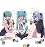  3girls :d absurdres alcohol animal_ears bare_legs barefoot black_hoodie black_socks blue_hair blush butterfly_sitting can channel_(caststation) commentary creator_connection crying d: drinking drunk duplicate ear_piercing fake_animal_ears fang fanged_bangs fishnets hatsune_miku highres hood hoodie knees_up laughing miniskirt multiple_girls multiple_persona nail_polish piercing pink_shirt pixel-perfect_duplicate rabbit_hole_(vocaloid) red_nails sad_girl_sex_(vocaloid) shirt sitting skirt smile socks songover streaming_tears tears teeth toenail_polish toenails translated twintails upper_teeth_only vampire_(vocaloid) vocaloid white_background white_socks yokozuwari 