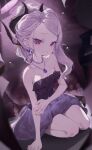 1girl absurdres apopo arm_support backlighting bare_shoulders black_horns blue_archive blurry breasts cleavage collarbone commentary_request curved_horns demon_girl demon_horns demon_wings depth_of_field dress dutch_angle earrings evening_gown eyelashes floating_earrings forehead frilled_dress frills full_body halo head_tilt highres hina_(blue_archive) hina_(dress)_(blue_archive) horns indoors jewelry korean_commentary long_hair looking_at_viewer low_wings multiple_horns necklace official_alternate_costume official_alternate_hairstyle parted_bangs pendant ponytail purple_dress purple_eyes sidelocks sitting slit_pupils small_breasts solo strapless strapless_dress tsurime wariza white_hair wings 