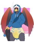 abstract_background accipitrid accipitriform anthro artist_logo avian back_wings bag beak bird black_claws black_eyeliner black_eyes black_finger_claws black_makeup black_straps black_talons blue_bag blue_cere blue_clothing blue_diaper_fastener blue_fastener blue_hoodie blue_tail blue_tail_feathers blue_tail_tip blue_topwear bodily_fluids braviary cere_(anatomy) chest_bag cigarette cigarette_in_mouth cigarrete claws cloth_diaper clothed clothing darksidefighter diaper diaper_fastener diaper_fetish diaper_use digital_drawing_(artwork) digital_media_(artwork) dipstick_tail drawstring drawstring_clothing drawstring_hoodie drawstring_topwear eagle eyelashes eyeliner fan_character fan_tail fastener feather_hair feather_tuft feathered_crest feathered_wings feathers finger_claws front_view generation_5_pokemon genital_fluids glistening glistening_beak glistening_eyes gradient_background grey_body grey_crotch grey_face grey_feathers grey_legs grey_wings hand_in_pocket head_crest hi_res holding_object holding_skateboard hood_up hoodie humanoid_hands laid_back lit_cigarette logo makeup male markings multicolored_body multicolored_feathers multicolored_tail multicolored_tail_feathers nado_soarian nintendo object_in_mouth pink_background pockets pokemon pokemon_(species) pokemorph portrait pseudo_hair purple_background red_body red_feathered_crest red_feathers red_tail red_tail_feathers red_wings simple_background skateboard smoke smoking smoking_cigarette solo swollen_diaper tail tail_feathers tail_markings talon_hands tan_cloth_diaper tan_feather_hair three-quarter_portrait topwear tuft unclean_diaper urine used_diaper vehicle wearing_diaper wet_diaper white_background white_diaper_fastener white_drawstring white_fastener white_feathered_crest wings yellow_beak yellow_hands yellow_tail yellow_tail_feathers