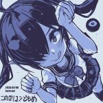  1girl ;q ahoge backbeako_(torotei) backbeard blue_background blue_theme blush bow bowtie closed_mouth commentary dated dated_commentary dutch_angle foot_out_of_frame gegege_no_kitarou hair_over_one_eye hands_up kono_lolicon_domome long_hair looking_at_viewer monochrome one_eye_closed original paid_reward_available paw_pose pleated_skirt pointy_ears sailor_collar sailor_shirt school_uniform shirt short_sleeves simple_background skirt smile solo thighhighs tongue tongue_out torotei translated twintails web_address 