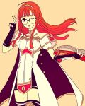  1girl armor black_gloves black_skirt black_thighhighs book breastplate cape celica_(fire_emblem) choker cosplay costume_switch dress earrings fingerless_gloves fire_emblem fire_emblem_echoes:_shadows_of_valentia gloves hacker holding holding_book jewelry long_hair one_eye_closed orange_hair persona persona_5 red_eyes sakura_futaba skirt sparkle thighhighs tiara truejekart v white_armor white_dress 