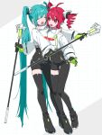  2girls absurdly_long_hair ahoge aqua_hair black_bodysuit blush bodysuit boots closed_eyes cosplay covered_navel drill_hair facing_another flat_chest full_body gloves goodsmile_racing hatsune_miku heart heart_in_mouth highres holding holding_pole hug kasane_teto long_hair long_sleeves looking_at_another michia_(bourgognepony) multiple_girls open_mouth pole racing_miku racing_miku_(2022) racing_miku_(2022)_(cosplay) red_eyes red_hair shirt short_hair single_thigh_boot smile sweatdrop thigh_boots twin_drills twintails utau very_long_hair vocaloid white_shirt 