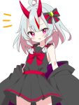  1girl ahoge bare_shoulders black_bow black_jacket black_sailor_collar black_shirt blush bow bowtie closed_mouth commentary_request cowboy_shot dot_nose double-parted_bangs fang fang_out grey_hair hair_bow hair_ornament highres horns jacket kotatsu-mazoku looking_at_viewer multicolored_hair notice_lines off_shoulder open_clothes open_jacket original pink_eyes pleated_skirt red_bow red_bowtie red_horns sailor_collar school_uniform serafuku shirt shoshinsha_mark simple_background skin_fang skirt sleeveless sleeveless_shirt smile solo streaked_hair striped_bow white_background 