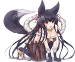  :d all_fours animal_ears ass bangs bare_shoulders bell black_hair blush breasts cleavage collarbone commentary_request erune eyebrows_visible_through_hair fang fox_ears fox_girl fox_tail full_body fur fur_trim granblue_fantasy habu_rin hair_bell hair_between_eyes hair_ornament hair_ribbon jingle_bell long_hair looking_at_viewer medium_breasts open_mouth red_eyes red_ribbon revealing_clothes ribbon smile solo tail very_long_hair white_background yuel_(granblue_fantasy) 