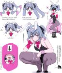  1girl absurdres animal_ears arms_behind_back arrow_(symbol) ball_gag bare_shoulders bdsm black_leotard blindfold blue_eyes blue_hair bondage bound bow channel_(caststation) cigarette commentary covered_eyes fake_animal_ears full_body gag gagged glory_hole gradient_hair grey_pantyhose hatsune_miku head_rest heart high_heels highres holding holding_cigarette leotard multicolored_hair multiple_views official_alternate_costume open_mouth pantyhose pink_hair playboy_bunny rabbit_ears rabbit_hole_(vocaloid) red_bow red_ribbon ribbon riding simple_background smoking spoken_heart spring_rider squatting streaked_hair thigh_strap tongue tongue_out translated twintails vocaloid white_background wiffle_gag wrist_bow wrist_ribbon 