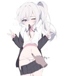  1girl absurdres artist_request black_jacket black_skirt blue_eyes clothes_lift clothes_pull collared_shirt commission cowboy_shot disembodied_hand double_v grey_hair highres jacket long_hair long_sleeves looking_at_viewer mouth_hold navel neck_ribbon one_eye_closed original panties pleated_skirt poking_belly ribbon second-party_source shirt shirt_lift side_ponytail simple_background skirt skirt_pull solo_focus underwear v white_background white_panties white_shirt 