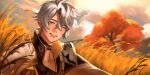  1boy absurdres armor autumn_leaves bags_under_eyes belt_collar black_collar black_shirt closed_eyes cloud collar commentary crossed_bangs curtained_hair d_piuriem english_commentary grey_hair hair_between_eyes high_collar highres honkai:_star_rail honkai_(series) leaf light_rays male_focus mountain open_collar parted_hair pauldrons phainon_(honkai:_star_rail) popped_collar shirt short_hair shoulder_armor sitting sky smile solo sunbeam sunlight teeth tree two-sided_fabric wheat wheat_field 