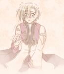  1boy blonde_hair brown_background brown_coat brown_pants coat commentary_request crying crying_with_eyes_open dated_commentary gold_trim green_eyes high_priest_(ragnarok_online) long_sleeves looking_at_viewer lowres male_focus multicolored_coat open_mouth pants ragnarok_online reaching reaching_towards_viewer red_coat sharari short_hair solo tears trembling two-tone_coat 
