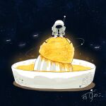  1other absurdres artist_name citrus_reamer commentary crater fish flying_fish food fruit gloves grey_jacket half_moon helmet highres jacket juice kazunoko_(kazunoko_zunoco) lemon looking_at_food looking_down mini_person moon on_food orbited original radio_antenna signature sitting solo space space_helmet star_(sky) white_gloves 