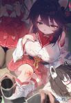  1other 3girls absurdres animal_ears bandages bare_shoulders black_hair black_pantyhose blood blood_on_leg blue_archive blush breasts bruise bruise_on_knee bruise_on_leg closed_mouth commentary_request detached_sleeves eye_mask fluff hair_between_eyes hakama hakama_skirt highres holding_bandages injury japanese_clothes kaede_(blue_archive) kimono kneeling large_breasts mimori_(blue_archive) multiple_girls oppai_loli pantyhose raccoon_ears raccoon_girl red_hakama red_sailor_collar red_skirt sailor_collar sitting skirt sleep_mask solo_focus sushispin thighs tsubaki_(blue_archive) white_kimono white_sleeves wide_sleeves yellow_eyes 