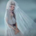  artist_name blue_eyes brown_hair company_captain_yorshka dark_souls_iii dress grey_background highres long_hair looking_at_viewer pointy_ears solo souls_(from_software) standing tiara tirfing veil white_dress 