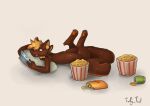 anthro canid canine canis chips_(food) food gaming hi_res male mammal nude playing playing_video_game popcorn relaxing solo steam_deck tafy_tail tail tail_mouth unusual_anatomy unusual_tail video_games wolf