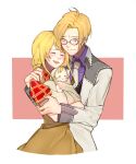  1boy 1girl ambiguous_gender baby blonde_hair blush bokujou_monogatari bokujou_monogatari:_mittsu_no_sato_no_taisetsuna_tomodachi border carrying carrying_baby carrying_person commission cropped_legs english_commentary family father_and_child ford_(bokujou_monogatari) glasses happy happy_tears highres hug hug_from_behind husband_and_wife if_they_mated mother_and_child nanami_(bokujou_monogatari) necktie purple_eyes round_eyewear siblings simple_background smile t0t0m0 tears twins white_border white_necktie 