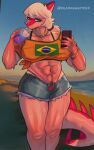 2025 5_fingers abs absurd_res anthro artist_name beach beverage big_breasts big_tail blonde_hair blue_eyes bodily_fluids bone_frill bottomwear bra_strap bracelet brazilian_flag brazilian_miku breasts cavemanon_studios cellphone clothed clothing cosplay curvy_figure deadassspider denim denim_bottomwear denim_clothing denim_shorts digital_drawing_(artwork) digital_media_(artwork) dinosaur electronics eyelashes eyeshadow female fingers frill_(anatomy) gem gold_(metal) gold_bracelet gold_jewelry hadrosaurid hair hatsune_miku hi_res i_wani_hug_that_gator jewelry long_hair long_tail magenta_body magenta_scales makeup mia_moretti midriff multicolored_body multicolored_scales muscular muscular_anthro muscular_female navel necklace off_shoulder ornithischian ornithopod outside parasaurolophus pearl_(gem) pearl_necklace phone pink_clothing pink_thong pink_underwear prehistoric_species pubes purple_eyeshadow reptile scales scalie sea seaside shirt shorts smartphone solo spiked_tail spikes spikes_(anatomy) suntan sweat sweatdrop tail text thick_thighs thong tied_shirt topwear two_tone_body two_tone_scales underwear vocaloid voluptuous voluptuous_anthro voluptuous_female water watermark wide_hipped_anthro wide_hipped_female wide_hips