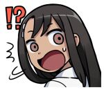  !? 1girl 774_(nanashi) :o black_hair brown_eyes collared_shirt ijiranaide_nagatoro-san long_hair looking_at_viewer lowres nagatoro_hayase open_mouth shirt simple_background solo surprised tan upper_body white_background white_shirt 