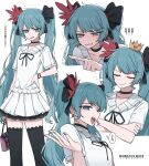  1girl absurdres aqua_eyes aqua_hair aqua_nails bag black_bow black_skirt blush bow channel_(caststation) choker clenched_teeth closed_eyes closed_mouth collar commentary crossed_arms crown dress feather_hair_ornament feathers frilled_shirt_collar frills hair_bow hair_ornament half-closed_eyes hand_on_own_hip hand_up hatsune_miku hatsune_miku_(supreme) heart heart_print highres holding holding_bag long_hair looking_at_viewer mini_crown multiple_views parted_lips pleated_dress pleated_skirt pointing project_diva_(series) red_feathers short_dress skirt smirk smug song_name speech_bubble tearing_up teeth translated trembling twintails v-neck v-shaped_eyebrows very_long_hair vocaloid white_background white_dress world_is_mine_(vocaloid) zettai_ryouiki 