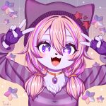  1girl absurdres animal_nose beanie blush bra_strap breasts chest_tuft double_v eyelashes fangs fingerless_gloves furry furry_female gesture gloves gradient_background grid_background hair_ornament hairclip happy hat highres jewelry korinna_(dangerdash05) long_hair long_sleeves looking_at_viewer multicolored_hair necklace open_mouth orange_hair original pink_hair purple_eyes purple_fur purple_hair purple_hat shirt smile solo star-shaped_pupils star_(symbol) striped_clothes striped_shirt symbol-shaped_pupils tsuki_qwq twintails v watermark 
