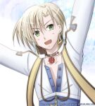  1boy arch_bishop_(ragnarok_online) arms_up black_choker blonde_hair blue_background blue_coat choker coat commentary_request cropped_jacket cross cross_choker cross_of_prontera dated dated_commentary earrings green_eyes jacket jewelry long_sleeves looking_at_viewer lowres male_focus open_mouth ragnarok_online sharari short_hair smile solo upper_body v-shaped_eyebrows white_jacket 