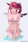  1girl arm_under_breasts artist_name asymmetrical_wings bare_shoulders bikini black_halo black_horns blue_eyes blush breasts closed_mouth collarbone commentary commission crystal_wings english_commentary eyepatch_bikini fingernails front-tie_bikini_top front-tie_top grey_background halo heterochromia highres hololive hololive_english horns irys_(hololive) large_breasts long_hair looking_at_viewer looking_down mismatched_wings multicolored_hair multicolored_horns nail_polish navel pink_eyes pink_hair pink_lips pink_nails pink_wings pointy_ears purple_wings seraphim_throne side-tie_bikini_bottom side_ponytail solo sparkle_print star-shaped_pupils star_(symbol) stomach streaked_hair sweat swimsuit symbol-shaped_pupils thighs twitter_username two-tone_hair two-tone_horns virtual_youtuber wading wavy_mouth white_bikini white_halo wings 