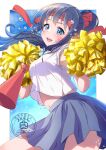  1girl absurdres artist_logo black_hair blue_eyes blue_sky blush border breasts cheering cheerleader choppy_bangs collared_shirt commentary_request cowboy_shot crop_top cropped_shirt day eyelashes facial_tattoo floating_hair grey_skirt headband highres holding holding_pom_poms logo long_hair looking_at_viewer medium_breasts megaphone megaphone_necklace midriff miniskirt navel open_mouth original outdoors outside_border pancake_(pocket_domori) pleated_skirt pom_pom_(cheerleading) ponytail red_headband school_uniform shirt short_sleeves skirt sky smile solo tattoo teeth tongue upper_teeth_only water_drop watermark white_border white_shirt 