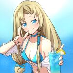  absurdres blonde_hair blony_(mabinogi) blue_eyes breasts cleavage cup drinking_glass e66627 highres holding holding_cup long_hair looking_at_viewer mabinogi medium_breasts smile swimsuit v 