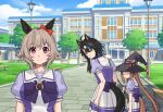  3girls annoyed black_hair breasts brown_hair building closed_mouth collarbone commentary curren_chan_(umamusume) distracted_boyfriend_(meme) fukuro_(maruaru00) grey_hair hair_ornament highres long_hair looking_at_viewer medium_breasts medium_hair meme multiple_girls original personification purple_eyes school_uniform smile sweep_tosho_(umamusume) tracen_school_uniform twintails umamusume 