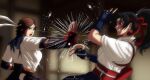  2025 2girls absurdres blue_gloves brown_hair character_request copyright_request fingerless_gloves gloves high_ponytail highres long_hair looking_at_viewer martial_arts multiple_girls ponytail pushing raydash30 red_gloves white_dougi 