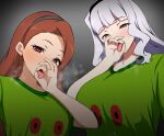  2girls black_hairband blunt_bangs blush breasts brown_hair fellatio_gesture forehead green_shirt grey_background hairband heart heart-shaped_pupils highres idolmaster idolmaster_(classic) jabara_tornado large_breasts long_hair looking_at_viewer medium_breasts minase_iori multiple_girls open_mouth red_eyes saliva shijou_takane shirt simple_background steam symbol-shaped_pupils t-shirt tongue tongue_out white_hair 