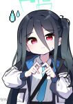  1girl 2023 absurdres aqua_halo artist_name black_hair black_hairband black_jacket blue_archive blue_jacket blue_necktie chinese_commentary closed_mouth collared_shirt commentary dated double-parted_bangs eyes_visible_through_hair four-finger_heart_hands hair_between_eyes hairband halo heart heart_hands highres jacket kei_(blue_archive) long_bangs long_hair long_hair_between_eyes long_sidelocks long_sleeves looking_at_viewer multicolored_jacket necktie one_side_up open_clothes open_jacket platinum-mix puffy_long_sleeves puffy_sleeves rectangular_halo red_eyes school_uniform shirt shirt_tucked_in sidelocks simple_background small_sweatdrop solo split_mouth sweatdrop two-sided_fabric two-sided_jacket upper_body very_long_hair white_background white_jacket white_shirt 