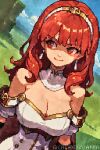  1girl ai-generated armor bare_shoulders breastplate breasts camdenvania cape celica_(fire_emblem) choker cleavage cloud dress earrings fire_emblem fire_emblem_echoes:_shadows_of_valentia gloves grass highres jewelry light_smile long_hair looking_to_the_side medium_breasts pixel_art princess red_eyes red_hair sky tiara white_armor white_dress 