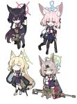  4girls absurdres animal_ear_fluff animal_ears anti-materiel_rifle assault_rifle ballistic_shield bandaid bandaid_on_leg barrett_m82 black_hair black_pantyhose black_shoes black_socks blonde_hair blue_archive blue_eyes blue_halo blue_sailor_collar blue_skirt blush brown_hair closed_eyes closed_mouth fox_ears fox_girl fox_platoon_(blue_archive) green_eyes green_halo gun h&amp;k_ump halo headphones highres holding holding_gun holding_shield holding_weapon implied_extra_ears inaba_reito kurumi_(blue_archive) microphone multiple_girls neckerchief niko_(blue_archive) open_mouth otogi_(blue_archive) pantyhose pink_hair pleated_skirt red_eyes red_halo red_neckerchief rifle sailor_collar shield shoes shotgun skirt sniper_rifle socks submachine_gun sweat thigh_strap weapon white_shoes yukino_(blue_archive) 