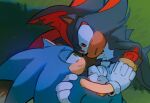  2boys alien_stage animal_ears animal_nose black_fur blue_fur commentary dollychoux furry furry_male gloves green_eyes hashtag-only_commentary hedgehog_boy holding_hands looking_at_another lying male_focus multiple_boys on_grass on_side red_eyes red_fur shadow_the_hedgehog smile sonic_(series) sonic_the_hedgehog tears white_gloves 