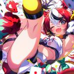  1girl ;d animal_ears armpits arms_up asymmetrical_legwear black_choker black_gloves black_hair blush bow breasts choker clothes_writing dice dot_nose fang gloves green_bow hakos_baelz hakos_baelz_(1st_costume) highres hololive hololive_english jewelry key key_necklace kneehighs legs_up looking_at_viewer miniskirt mismatched_legwear mouse_(animal) mouse_ears mouse_girl mouse_tail multicolored_eyes multicolored_hair multicolored_skirt necklace off-shoulder_shirt off_shoulder one_eye_closed open_mouth red_hair revision shirt sho_me_1853 skin_fang skirt small_breasts smile socks solo streaked_hair stuffed_animal stuffed_toy sweatdrop tail tail_bow tail_ornament thighs virtual_youtuber white_hair white_shirt 