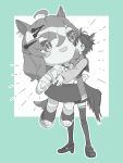  1girl animal_ears blue_eyes character_doll doll doqute_stuffed_doll fuji_kiseki_(umamusume) full_body greyscale_with_colored_background high_heels highres horse_ears horse_girl horse_tail hugging_doll hugging_object jungle_pocket_(umamusume) long_sleeves michia_(bourgognepony) notice_lines open_mouth red_thighhighs sailor_collar school_uniform shirt short_hair short_sleeves skirt smile solo standing standing_on_one_leg tail thighhighs tracen_school_uniform umamusume 