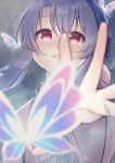  1girl absurdres animal_print black_bow blue_butterfly blue_hair blurry blurry_background blush bow braid bug butterfly butterfly_print commentary crown_braid depth_of_field floating_hair frilled_kimono frills glint glowing_butterfly hair_between_eyes hair_bow hair_bun hair_ribbon highres ichimiyasakutto japanese_clothes kimono long_hair long_sleeves looking_at_viewer nontraditional_miko outstretched_hand parted_lips reaching red_eyes red_pupils red_ribbon ribbon sad sidelocks single_hair_bun solo sorakado_ao summer_pockets tearing_up tears twitter_username upper_body white_kimono wide_sleeves 