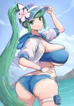  1girl absurdres adjusting_clothes adjusting_headwear alternate_costume ass bad_anatomy blue_hood breasts commentary earrings flower gonzarez green_eyes green_hair green_nails hair_flower hair_ornament highres hood hood_down hoodie jacket jewelry large_breasts long_hair looking_at_viewer nail_polish pneuma_(xenoblade) ponytail pouch short_shorts shorts side_ponytail sideboob smile solo swimsuit thigh_pouch very_long_hair visor_cap white_hoodie white_jacket wristband xenoblade_chronicles_(series) xenoblade_chronicles_2 