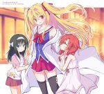  3girls :d :o absurdres aged_down antenna_hair aqua_eyes arm_hug bare_shoulders black_hair black_thighhighs blonde_hair blue_shirt blush bob_cut bow bowtie child coat commentary_request cowboy_shot dress eyes_visible_through_hair feet_out_of_frame floating_hair frilled_skirt frills hair_between_eyes hair_intakes hair_ribbon hairband hands_up happy headpat heart heart_print highres indoors interlocked_fingers irotoridori_no_sekai kisaragi_mio_(irotoridori_no_sekai) lab_coat long_hair looking_at_another looking_down looking_up low_twintails minami_kana_(irotoridori_no_sekai) miniskirt multiple_girls nikaidou_shinku open_clothes open_coat open_mouth outline own_hands_together pink_sleeves pleated_skirt print_shirt red_bow red_bowtie red_eyes red_hair red_ribbon ribbon sailor_collar school_uniform serafuku shirt short_sleeves signature skirt sleeveless sleeveless_dress sleeveless_shirt smile standing straight_hair sunset t-shirt thighhighs twintails two_side_up usetsusakon2 very_long_hair white_dress white_hairband white_outline white_sailor_collar white_shirt yellow_eyes zettai_ryouiki 